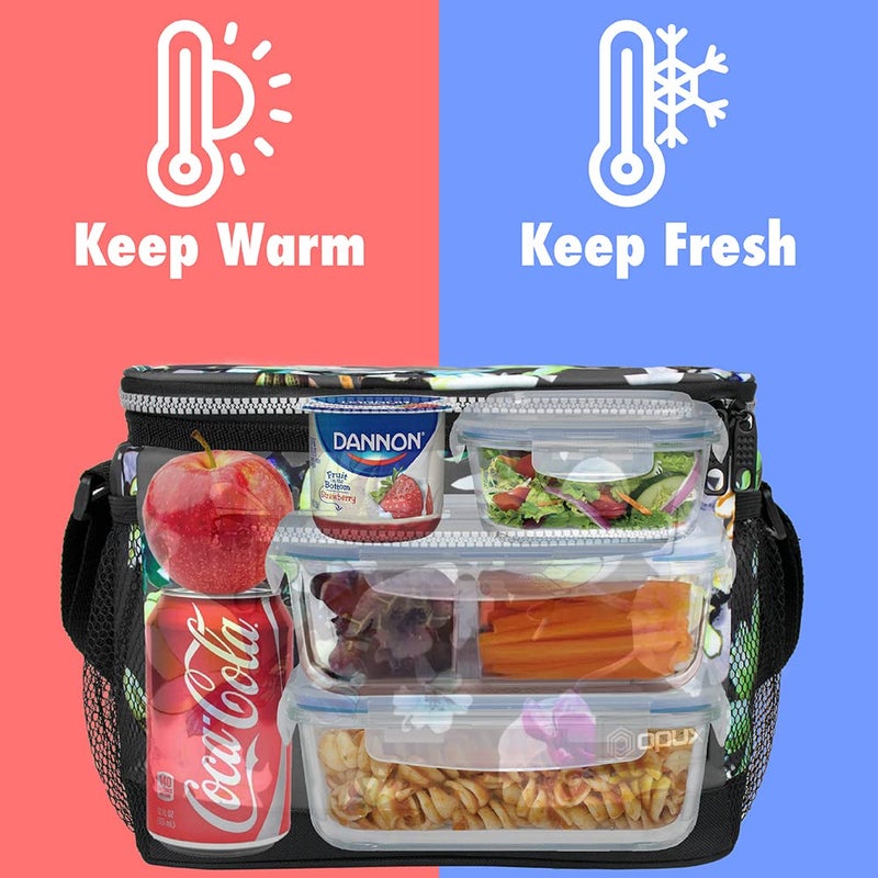 opux Insulated Lunch Box Men Women, Lunch Bag for Work School, Leakproof Soft Cooler Tote Adult, Large Lunch Pail Kids Boys Girls, Picnic Beach Food Bag with Shoulder Strap, Grey Floral - Image 2